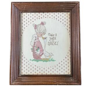 Completed Precious Moments Goose Quote- Framed needlepoint Make a joyful Noise